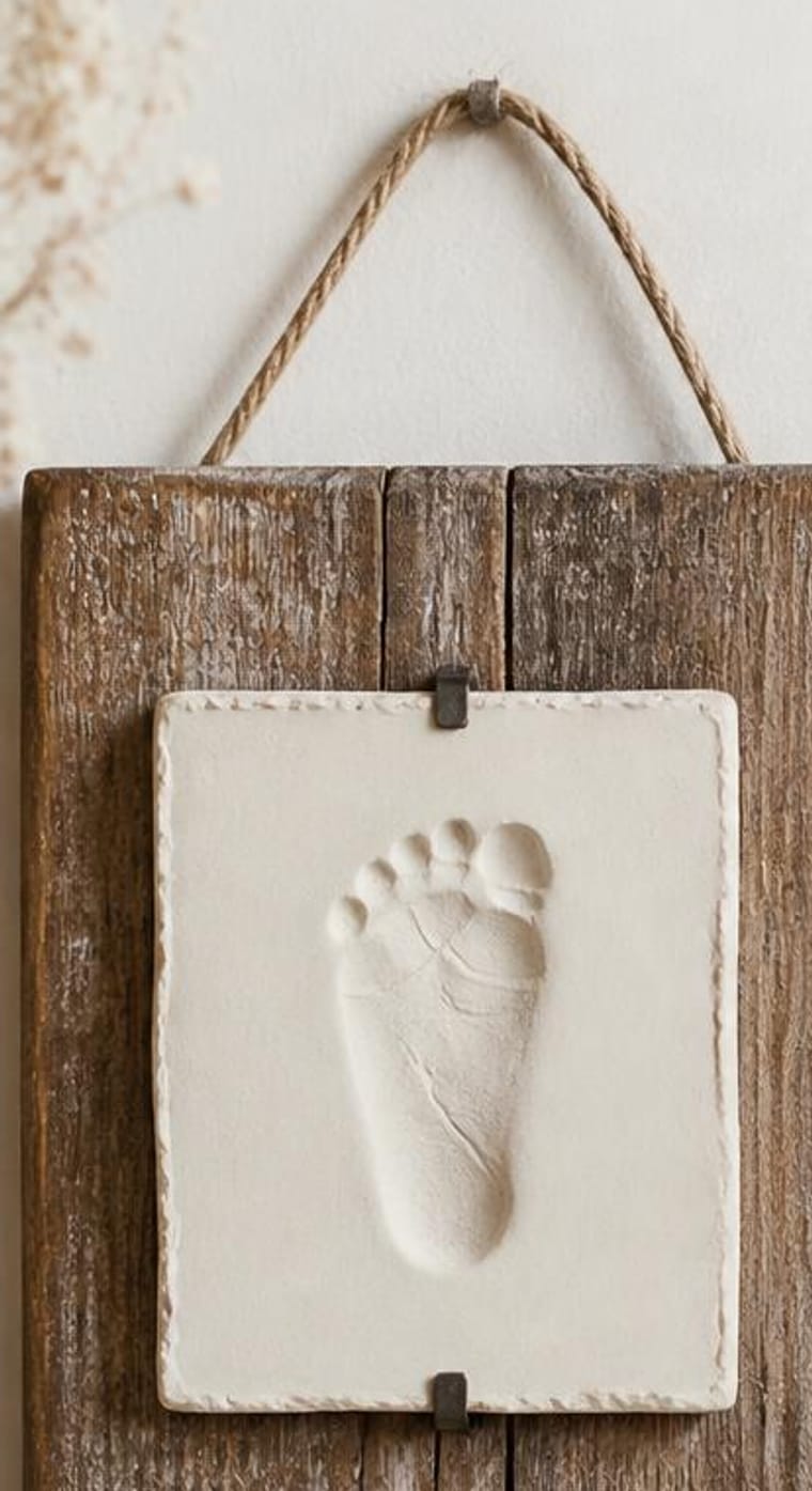 Empreinte de pied de bébé sur une plaque en argile crème montée sur un cadre en bois brut avec une corde de jute